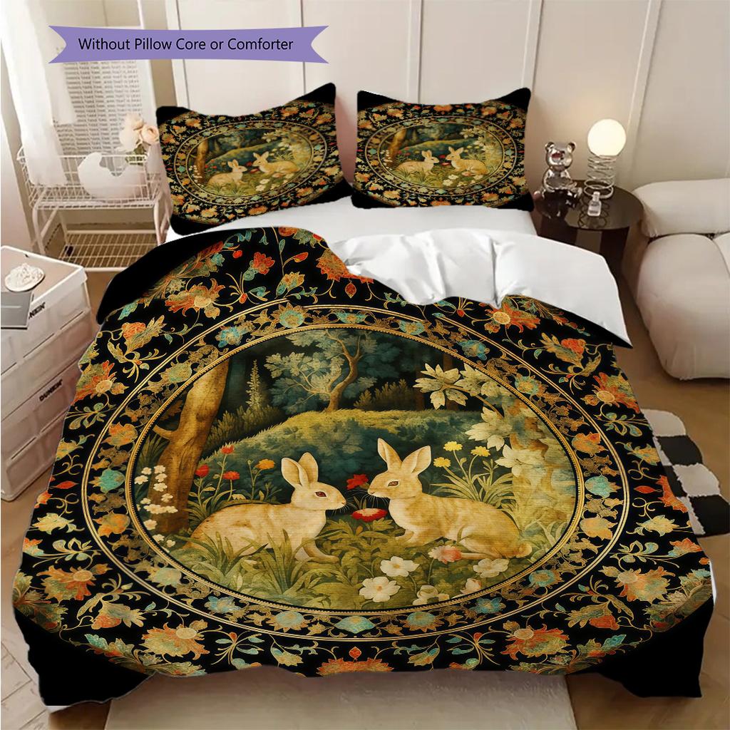 William Morris' Pastoral Flower Rabbit Bettwäsche, Bettbezug, Kissenbezug, Heimdekoration, Geburtstagsgeschenk (1 * Bettbezug+2 * Kissenbezug, ohne Füllung)