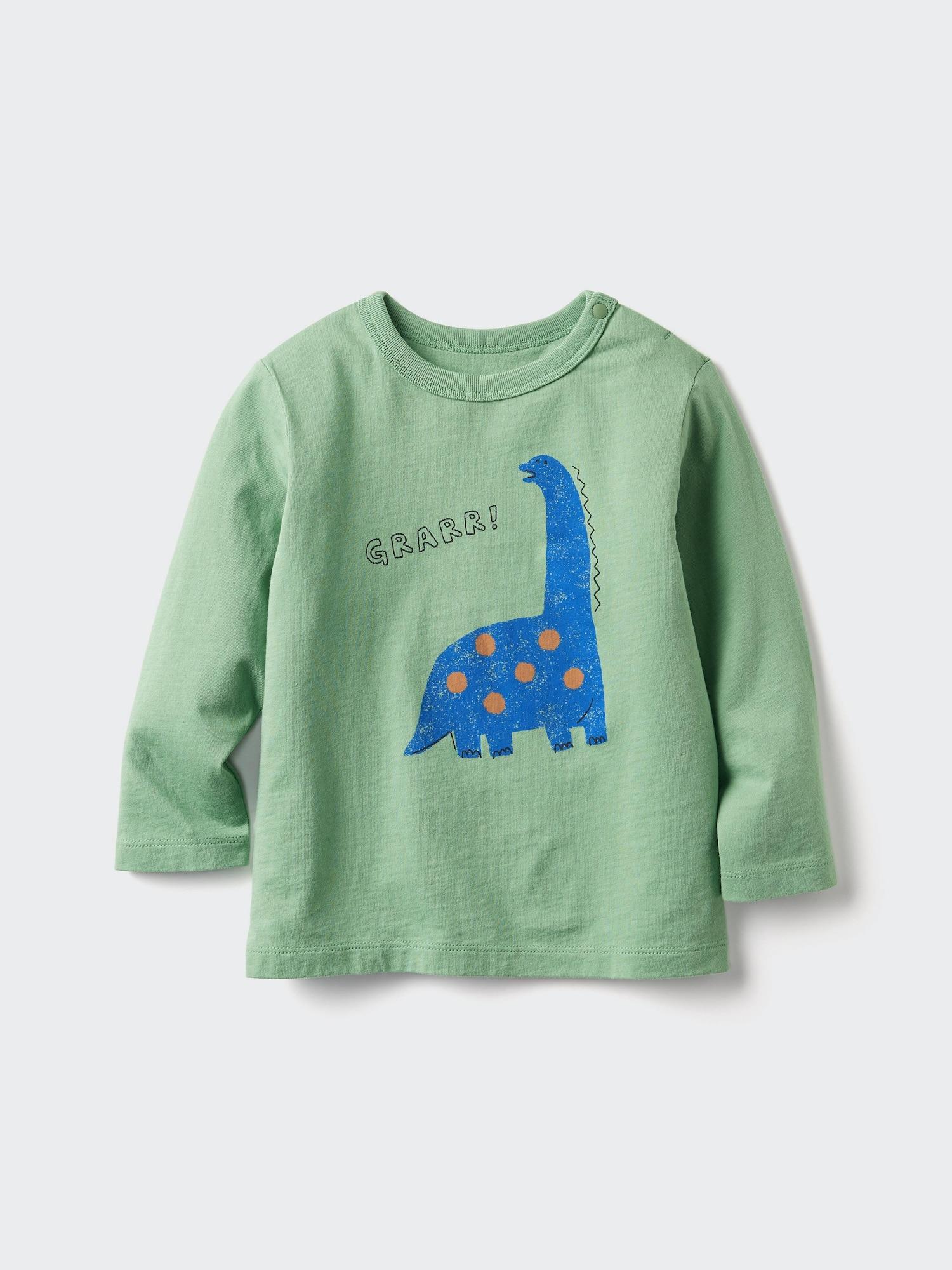 

Uniqlo BT Футболка с круглым вырезом, длинный рукав, Динозавр 53 GREEN/BABY 90