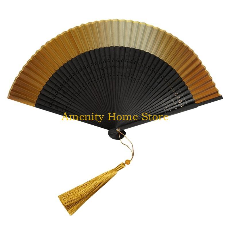 F26C Handmade Silk Bamboo Fan with Hollowed out Fan Bone for Home Household Decoration Accessory Supplies