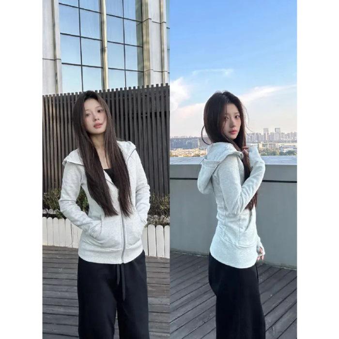 Women's New Style Retro Purple Hooded Sweatshirt Jacket with Waist-Cinched Zipper Cardigan Design