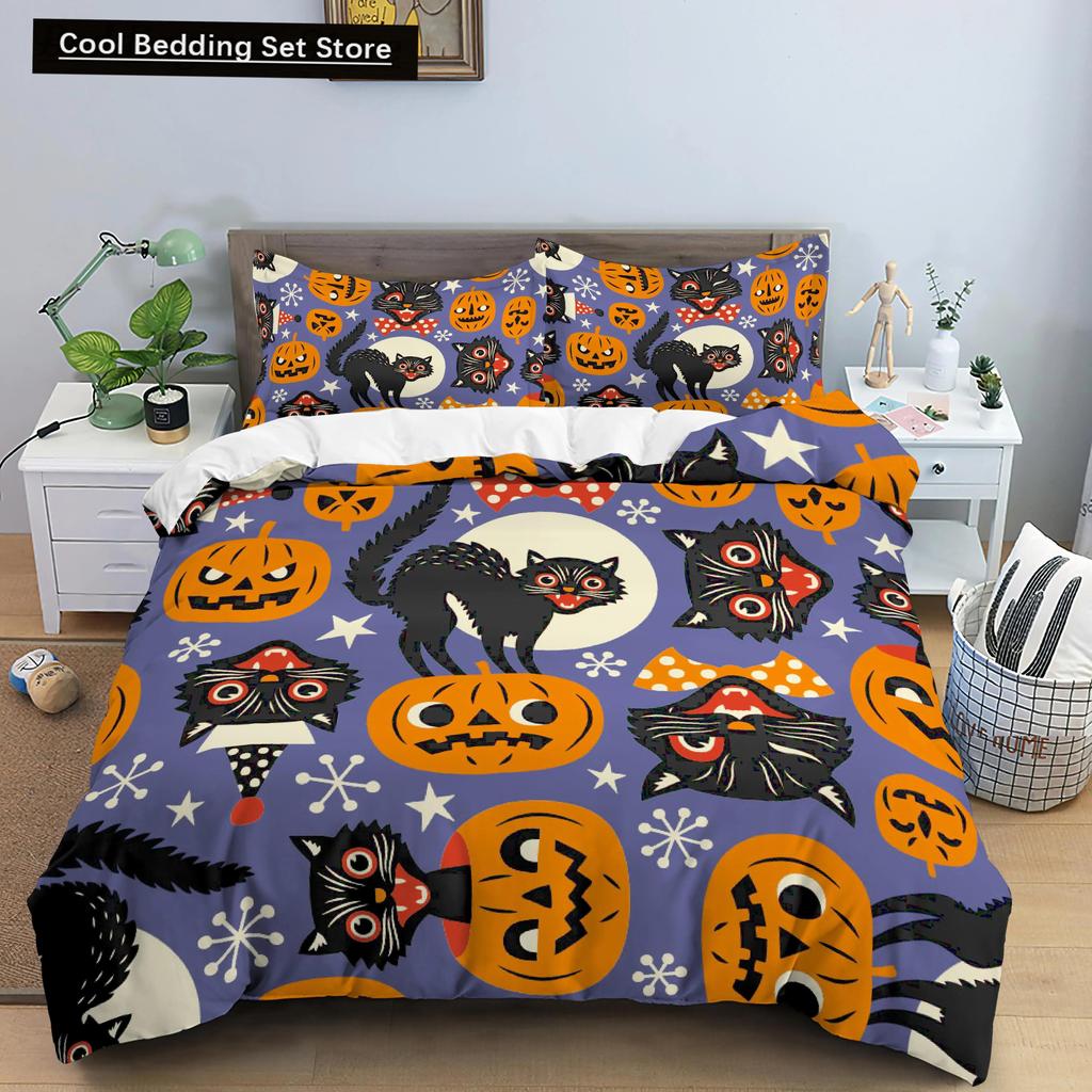 Happy Halloween King Queen Duvet Cover Orange Pumpkin Bedding Set Kids Teens Adults Bats Horror Festival Polyester Quilt Cover