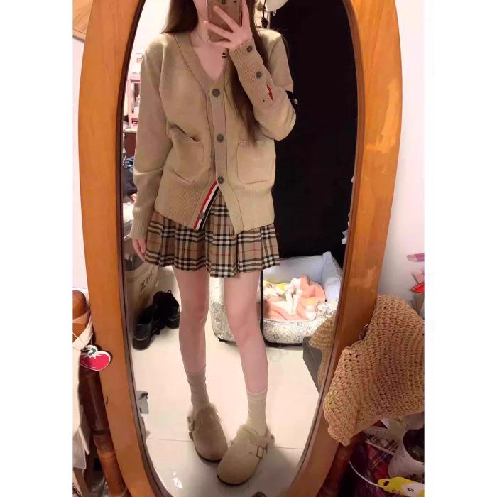 

Women s Red Striped Knitted Cardigan - American Casual College Style Sweater for Autumn & Winter One Size