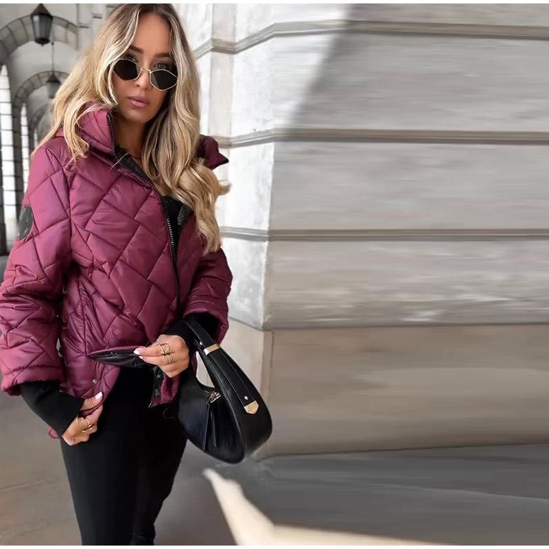 Autumn and Winter New Fashion Trend Diamond-shaped Pressure Grid Loose Hooded Cotton-padded Warm Jacket