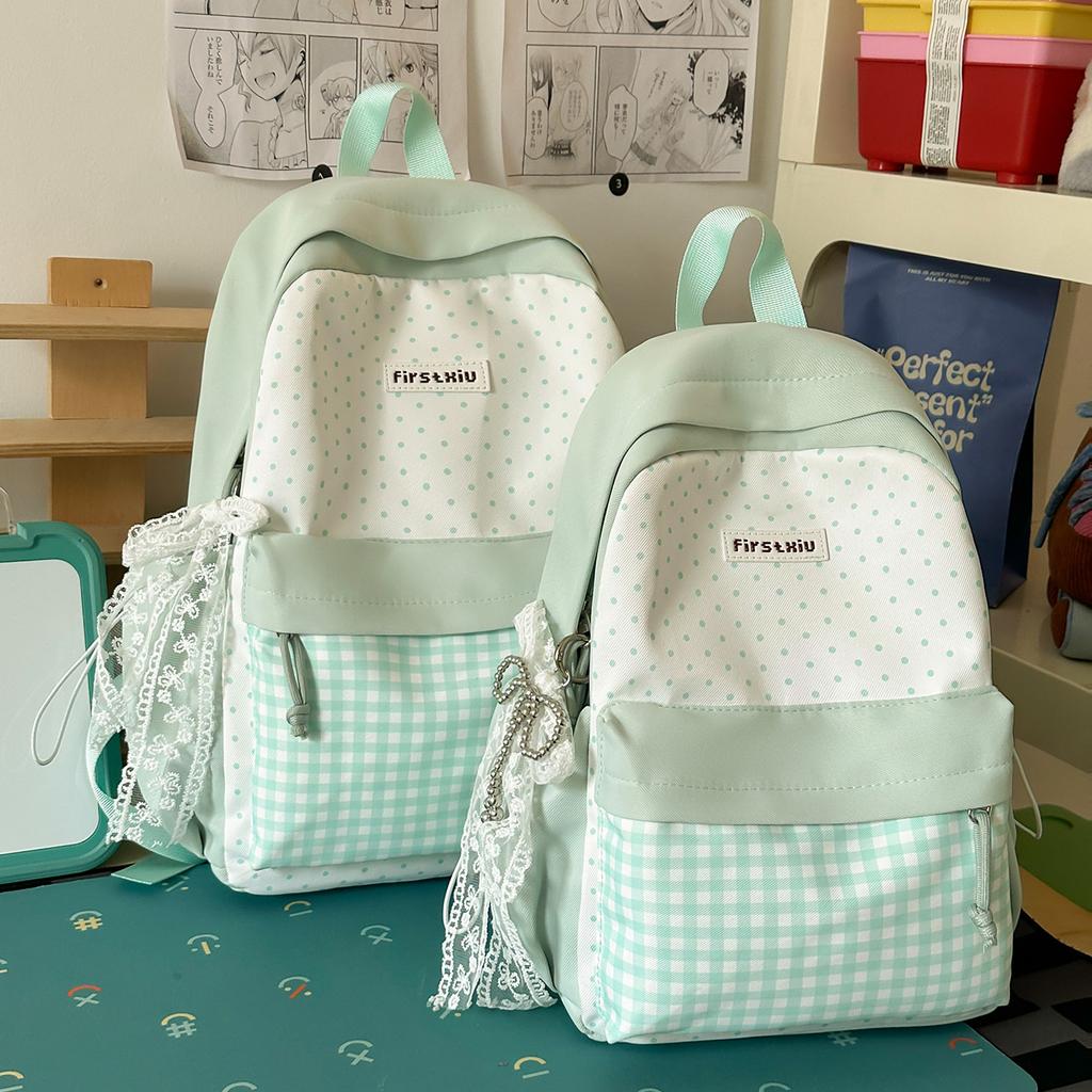 Schoolbagins Korean polka dot schoolbag female junior high school college student lightweight backpack lace decorative versatile campus backpack