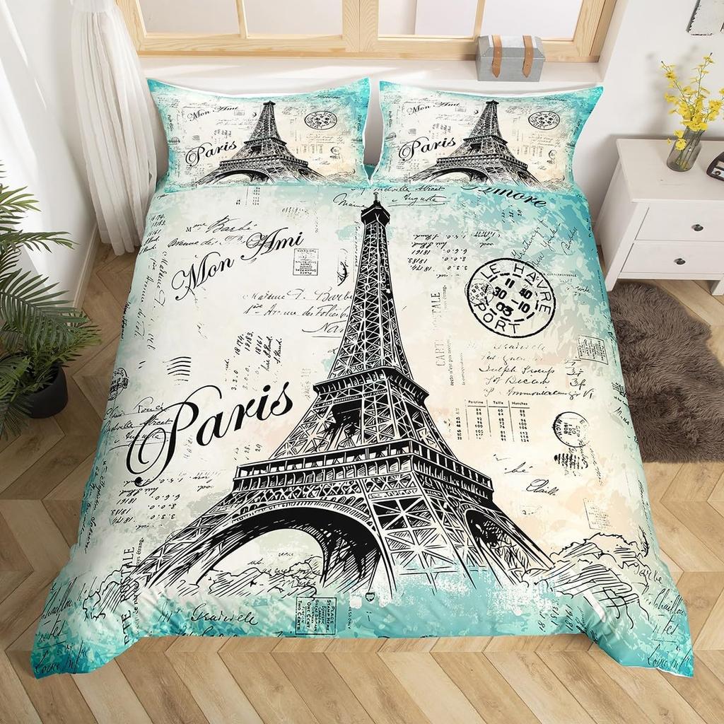 Set Biancheria da Letto Torre Eiffel Matrimoniale per Bambini Ragazze Donne Stampa Floreale Europea 3D Copripiumino Vintage Tematica Coppie Copripiumino