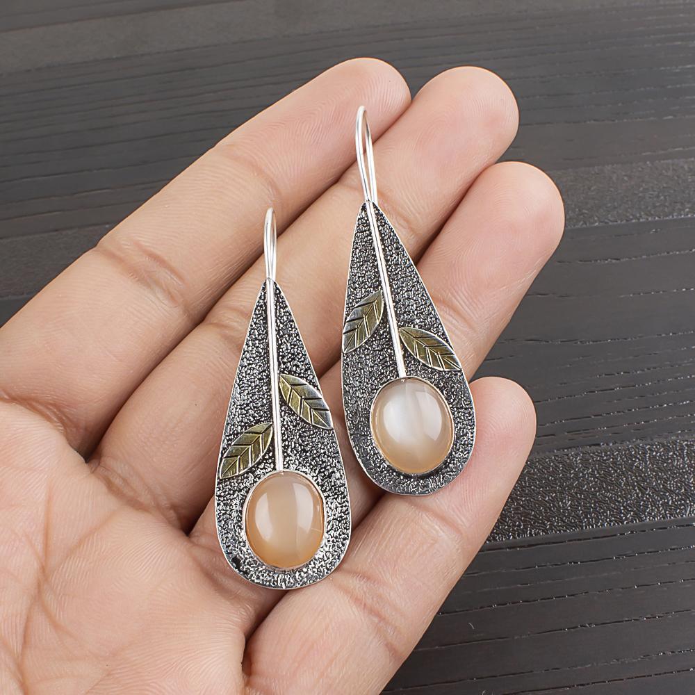 

Серьги из цельного стерлингового серебра 925 пробы с персиковым лунным камнем, Ювелирные изделия с драгоценными камнями ручной работы, Подарки для жены, Совершенно новые серьги 2.00 Inches персиковый