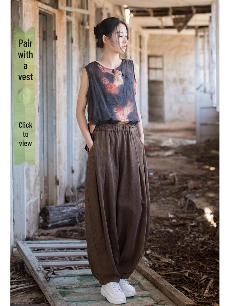 Ramie Distressed Cotton-Linen Women's Retro Lantern Pants