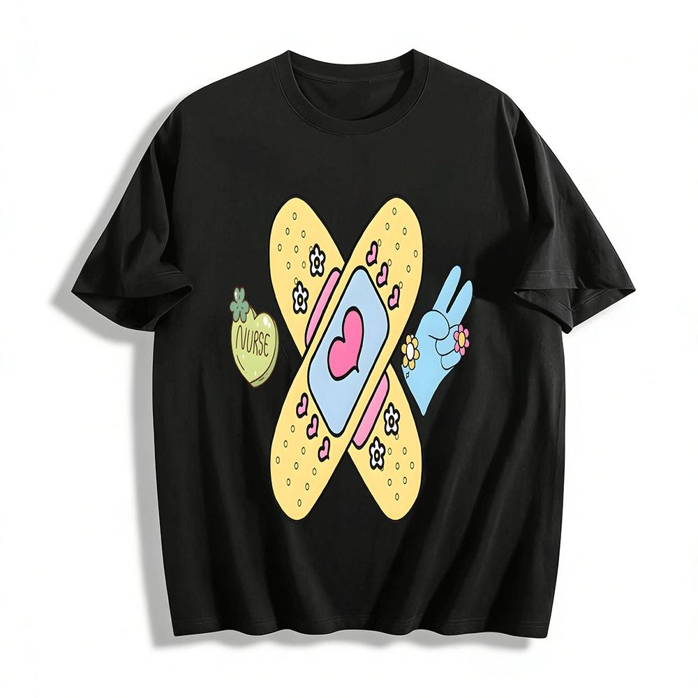 

Nurse Themed Top With Cute Bandage Heart Print Pure cotton T-shirt XXS