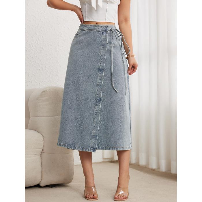Elegante Gonna Wrap in Denim Retrò con Laccio Laterale e Spacco - Lunghezza Media Vestibilità Larga per Donna