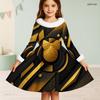 Girls Long Sleeve Black Gold Silver Printed Furry Neck Cuffs A Line Flared Dress