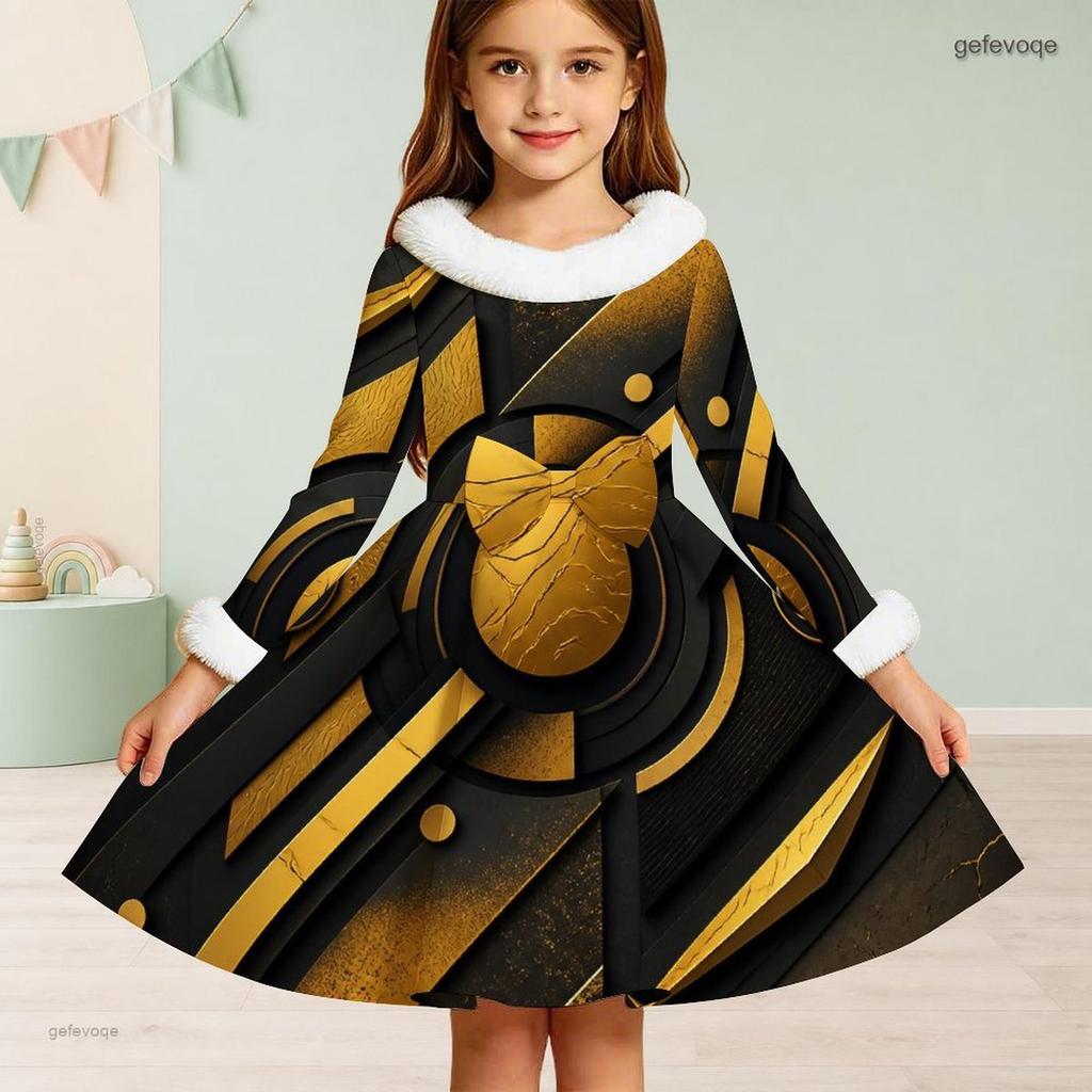 Girls Long Sleeve Black Gold Silver Printed Furry Neck Cuffs A Line Flared Dress