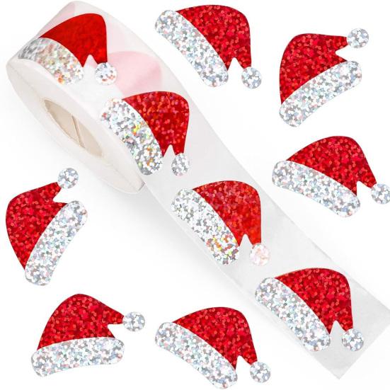 2 Rolls Christmas Hat Stickers 1000 Pcs Glitter Red Santa Hat Stickers Waterproof Self-Adhesive Seal Decals