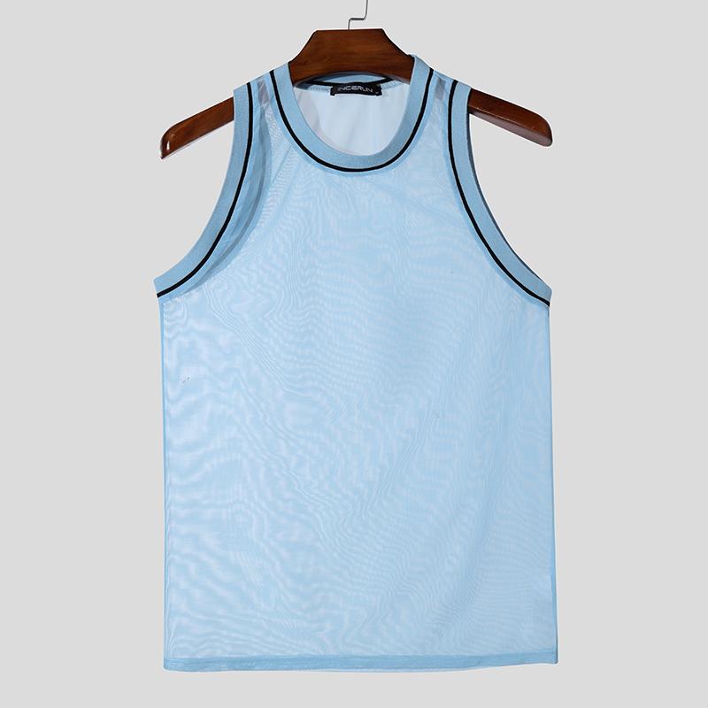 

INCERUN Summer Men Stitching Sleeveless Mesh Sheer Stretch Tank Tops 3XL синий
