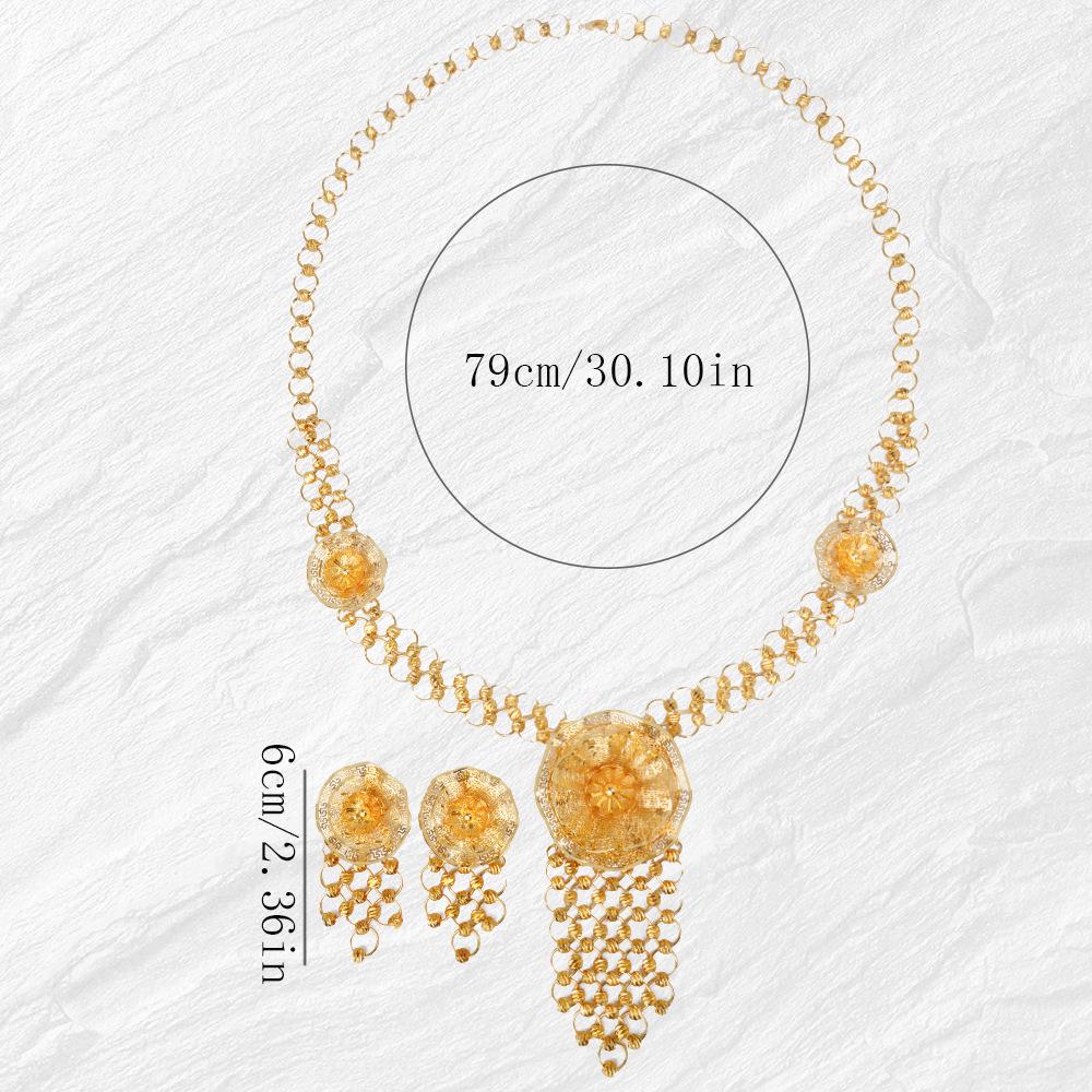 Gold-Plated Flower Tassel Jewelry Set for Women - Middle Eastern Retro Wedding Banquet Necklace and Earrings
