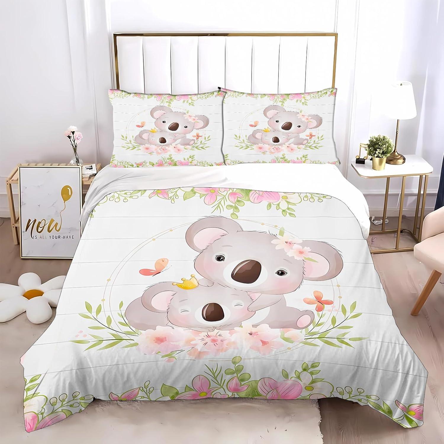 Koala Kinderbeddengoed set, Koala Dieren Cartoon Beddengoed Set Voor Meisjes En Jongens 3D Print Polyester Dierentuin Dieren Beddengoed Set 135x200m