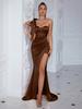 New fashion off-the-shoulder split dress sexy evening dress solid color dress