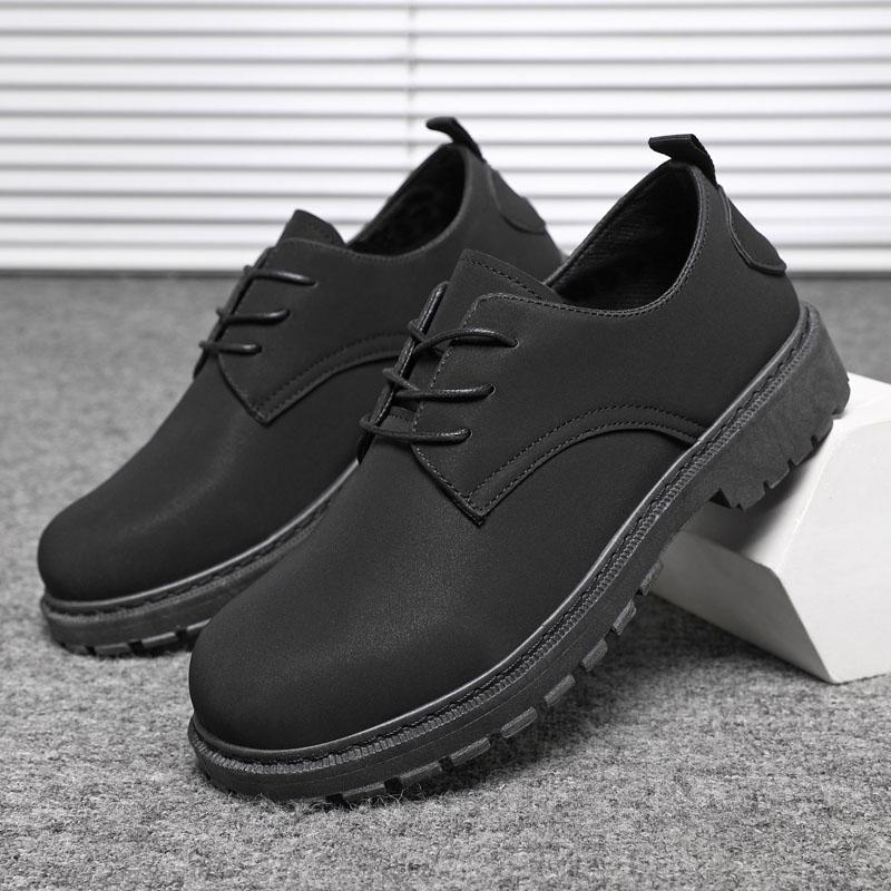 Men's Casual Leather Shoes Spring Work Shoes Heightening Anti-slip Fashionable All-match Black Shoes for Office Wear
