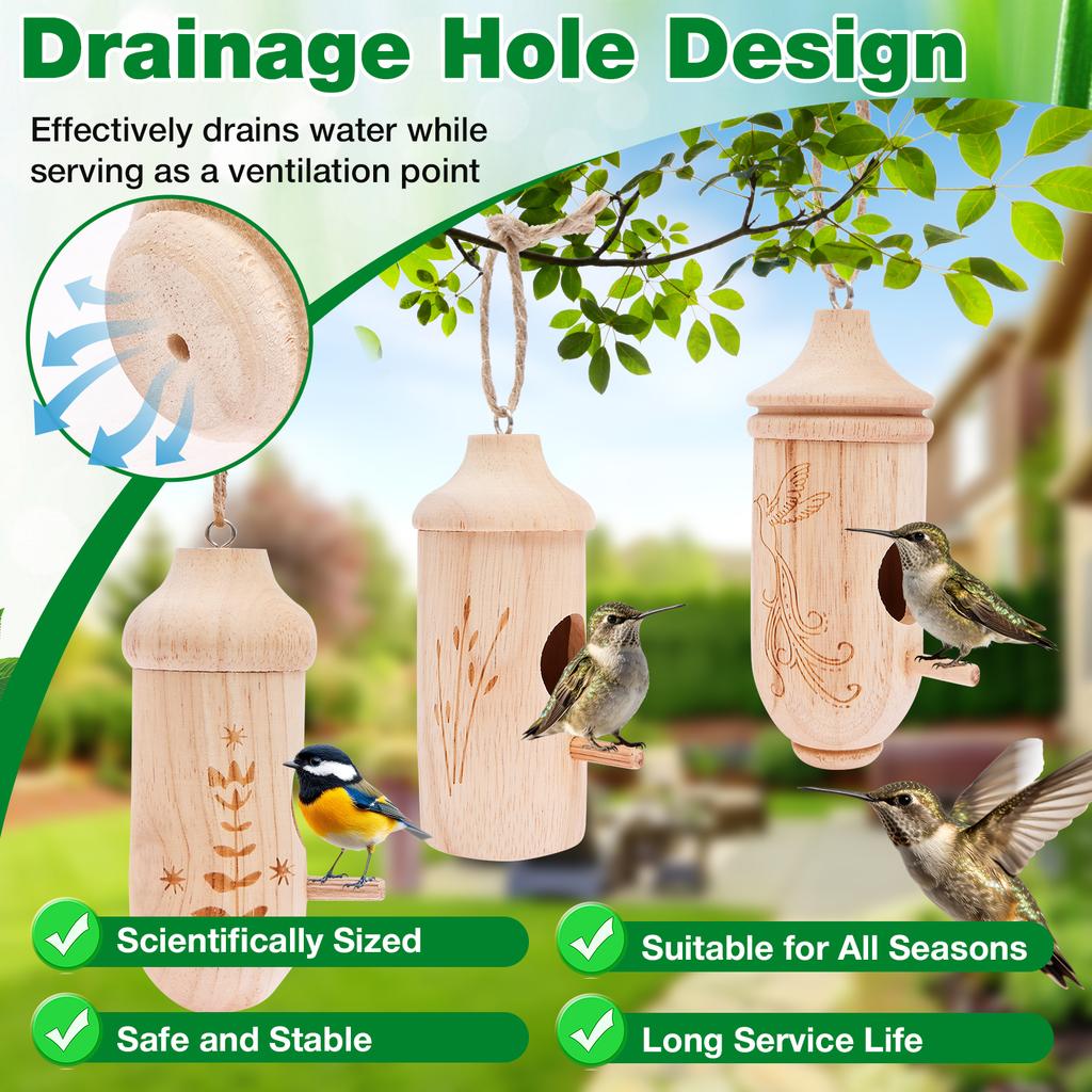 3Pcs Hummingbird House for Outside Hanging Wooden Bird House Hummingbird Feeder Gardening Yard Decoration