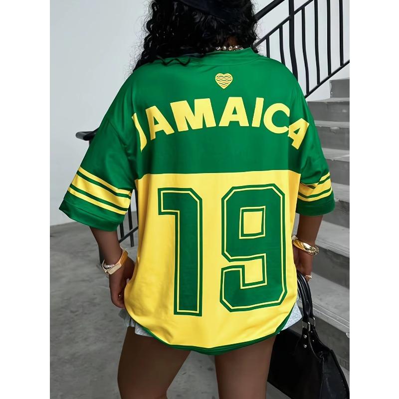2026 Damen Jamaika Nr. 19 Trikot V-Ausschnitt T-Shirt Gelb und Grün Blockkombination Sportoberteil Atmungsaktiv und Lässig Sommerkleidung