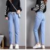 נשים ג'ינס עם מותניים גבוהים ישר מזדמנים מכנסיים קשירה מותניים אלסטיות רטרו כחול בתוספת גודל בגדי רחוב רחבים