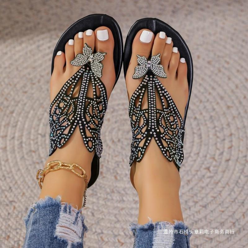 Womens Bohemian Rhinestone Flat Flip Flops Sandals With Toe Loop Velvet Upper Rubber Sole Plus Size 36-43