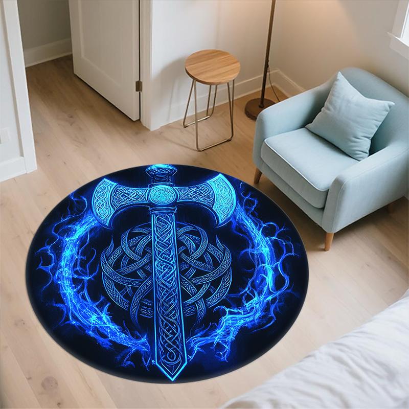 Wikinger-Streitaxt,Runder Teppich,Teppich für Wohnzimmer Schlafzimmer Sofa Spielzimmer Dekor,Rutschfeste Bodenmatte