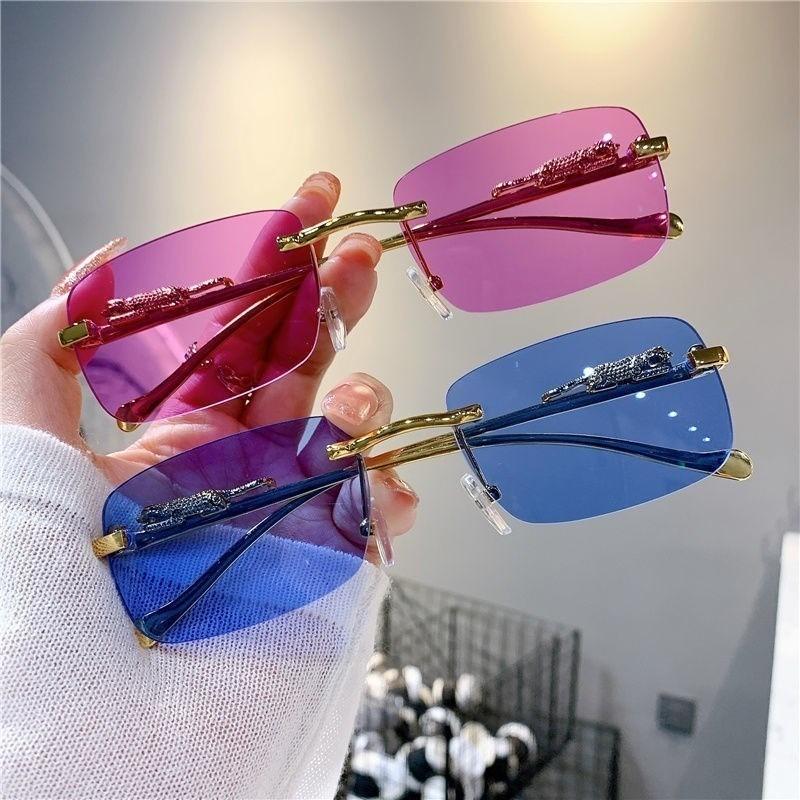 Retro Koreańskie Okulary Przeciwsłoneczne Nadmorskie Cheetah Dekoracyjne Bezramkowe Okulary Anti UV400 Gradientowe Soczewki Eleganckie