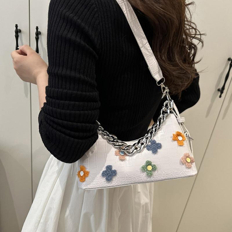 New Crocodile Pattern French Toast Bag Fashion Flower Embroidery Chain Shoulder Bag Women's Shoulder Cross-Body Bag AVE