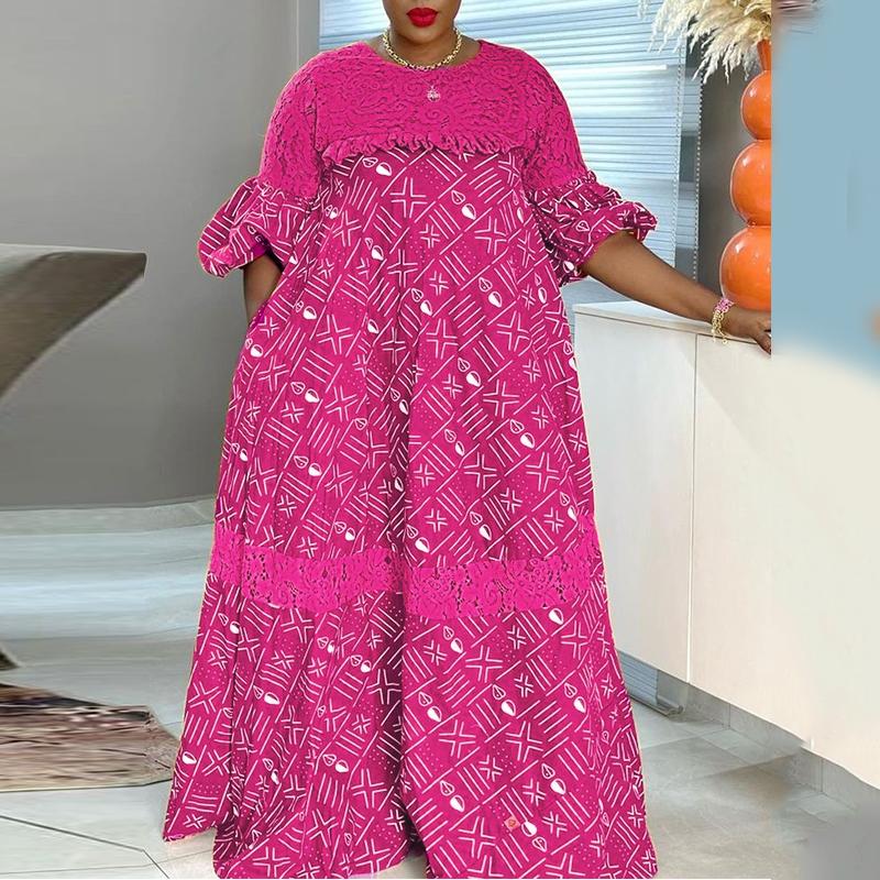 Oversized Women Lace Patchwork Puff Sleeve Print Casual Loose Pleated Long Dress