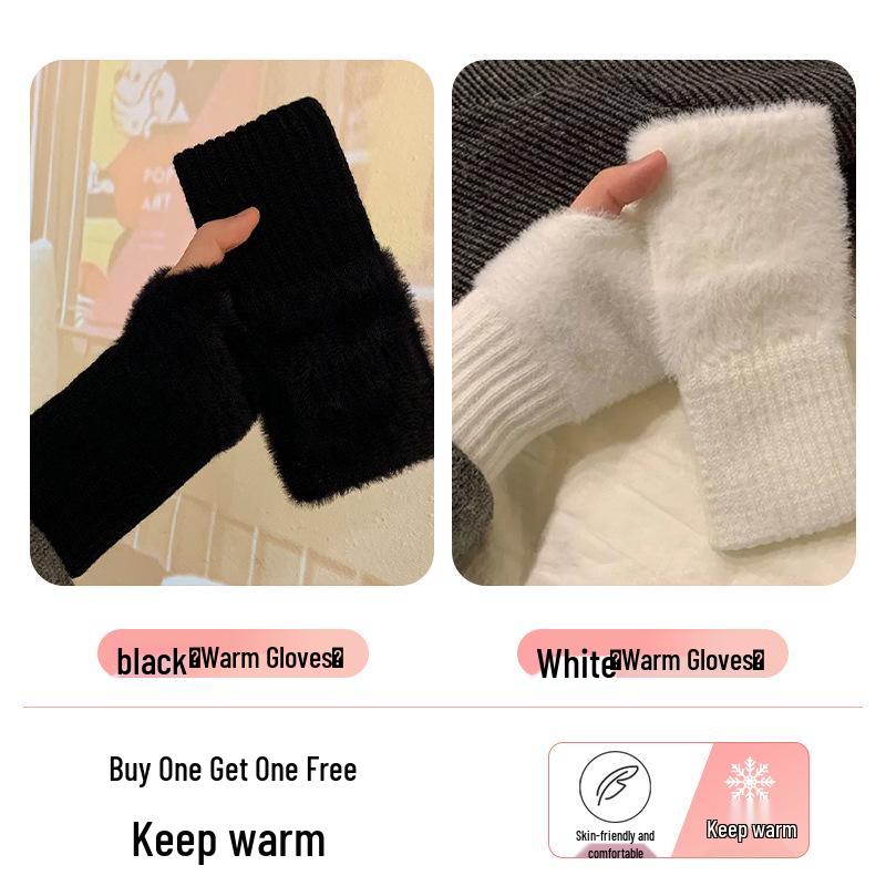 Women's Fleece-Lined Half-Finger Gloves: Cute, Thick Plush for Autumn & Winter; Ideal for Cycling & Cold Protection