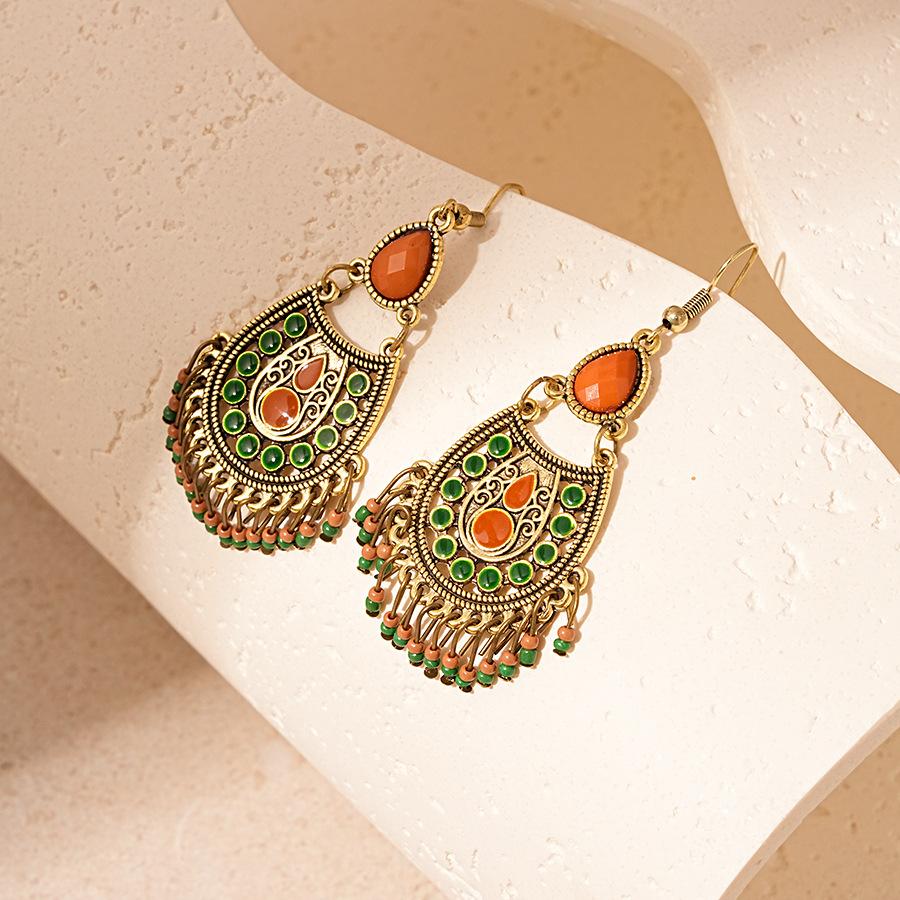 Oleoresin Water Drop Rice Beads Tassel Ear Hook Earrings Ethnic Style