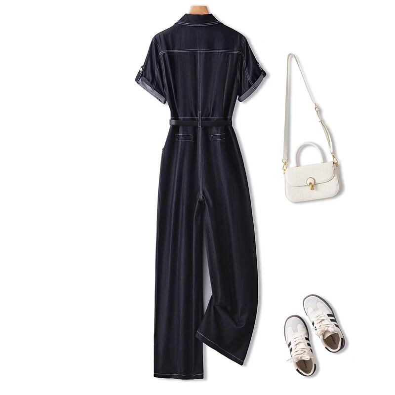 Sibaishe Women's Lapel Short Sleeve Wide-Leg Jumpsuit