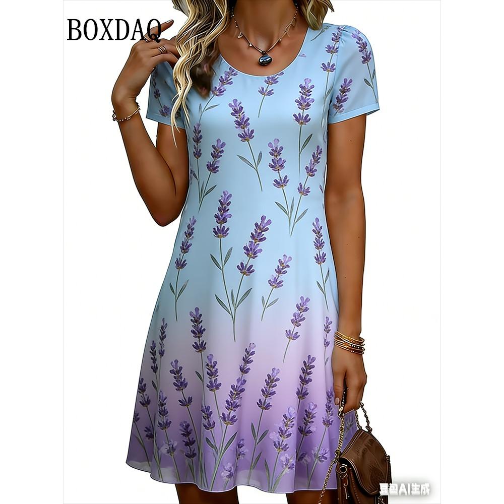 Women's Mini Dress Summer Fashion Gradient Floral Graphic Short Sleeve Dress Casual Round Neck Flower Printed Loose Female Dress