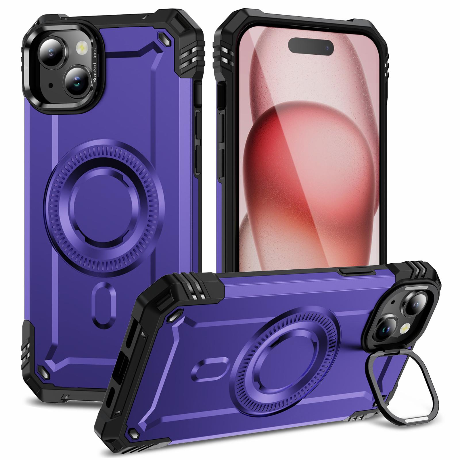 

For iPhone 15 Case Compatible with MagSafe Metal Lens Frame Kickstand PC+TPU Mobile Cover H