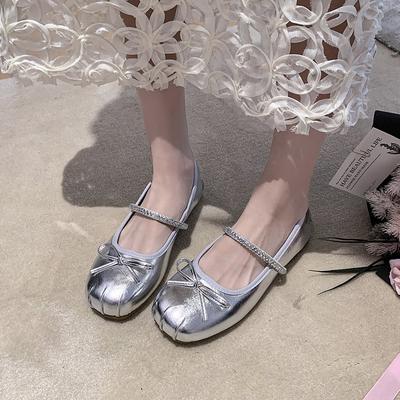 Französische flache Schuhe, silberne Einzel-Schuhe Damen, neu für den Herbst zum Kombinieren mit Röcken, Ballerinas, Mary Janes und kleinen Lederschuhen P378