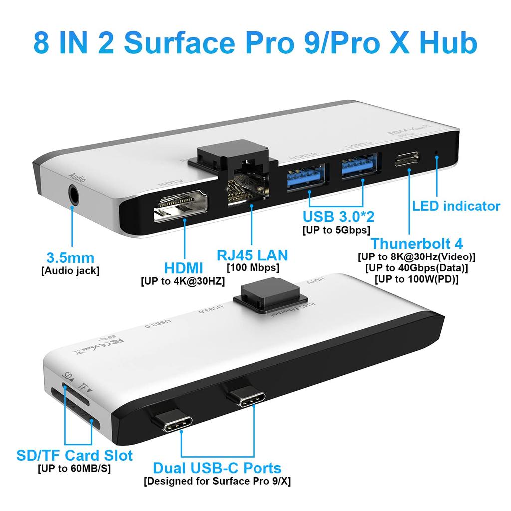 Surface Pro 9 Hub 4K HDMI Port USB C Thunderbolt 4 PD Charging 100M LAN USB Audio Port Card Reader Microsoft Surface Pro 9 Dedicated Dock + (Display +