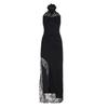 Y2K Spice Girl Temperament Elegant Slim Lace Splicing Split Evening Dress Long Dress Two Wear Neck Halter Dress