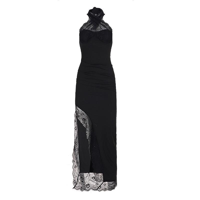 Y2K Spice Girl Temperament Elegant Slim Lace Splicing Split Evening Dress Long Dress Two Wear Neck Halter Dress