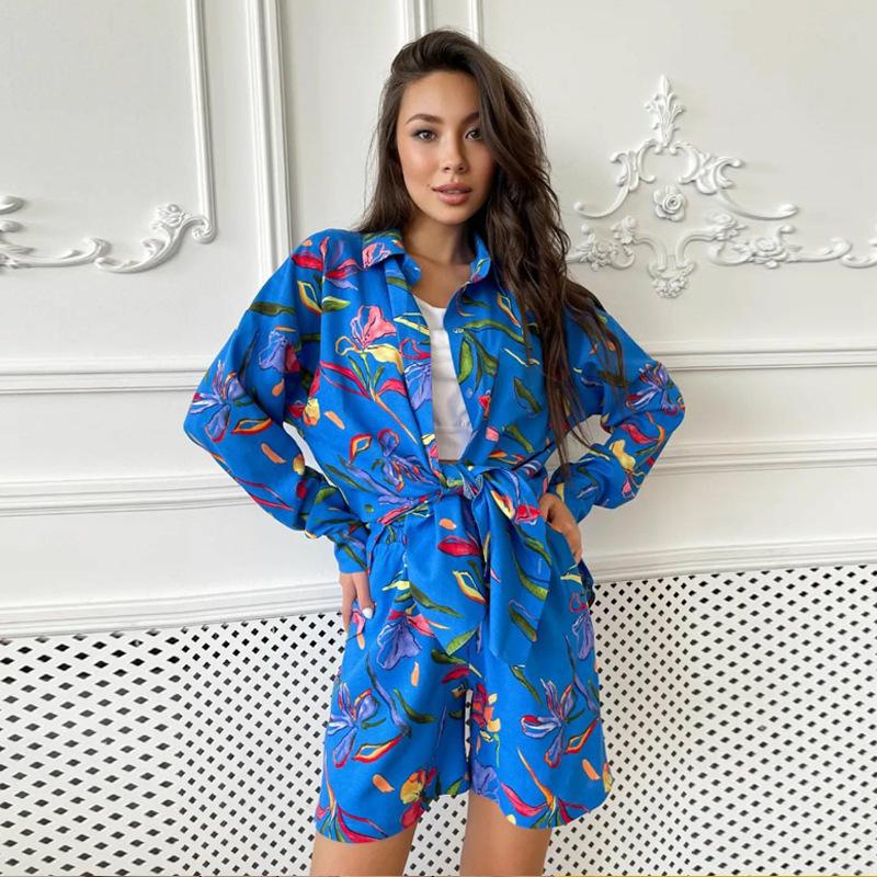 European and American Style Women's Spring and Autumn Casual Printed Long Sleeve Shirt and Shorts Two-Piece Set