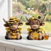 2Pcs Wooden Bee Highland Cow Figurine Hand Painted Resin Decoration for Home Table Windowsill Spring Pastoral Style Party Ornament Gift