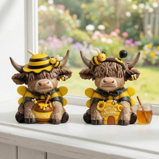 2Pcs Wooden Bee Highland Cow Figurine Hand Painted Resin Decoration for Home Table Windowsill Spring Pastoral Style Party Ornament Gift