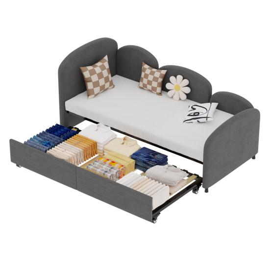 Twin Sofa Bed with Storage Drawers Large Capacity Drawer Rotary Wheels Velvet Upholstered Uneven Fence Sleep Solid Iron Frame Bedroom Twin Size Daybed