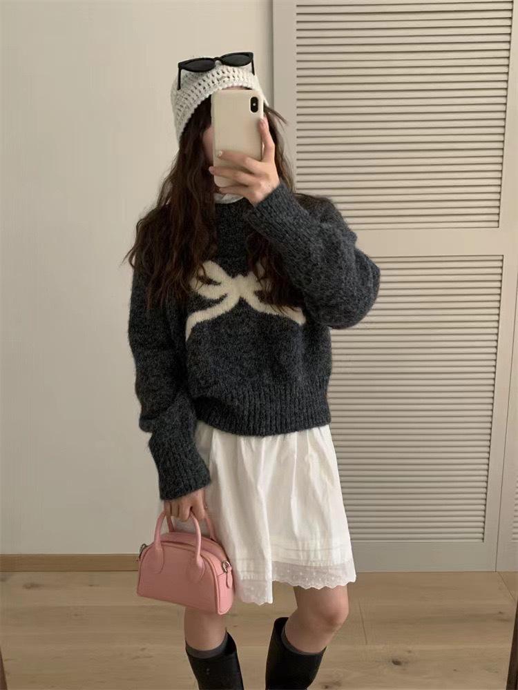 Winter Women's High-End Bow Knot Sweater - Loose Fit Round Neck Long Sleeve Knitwear