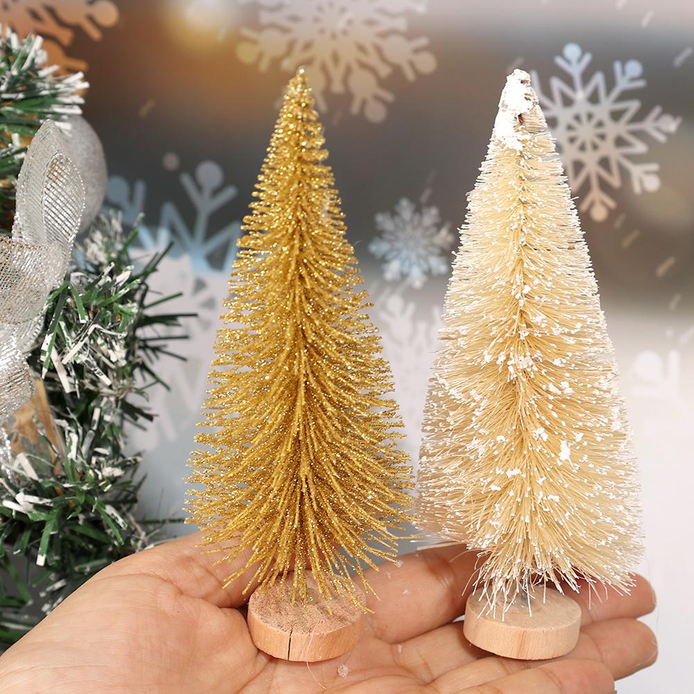 Artificial Mini Christmas Tree DIY Crafts Sisal Pine Tree Desktop Miniature Ornaments with Wood Base Winter Xmas Party Decor