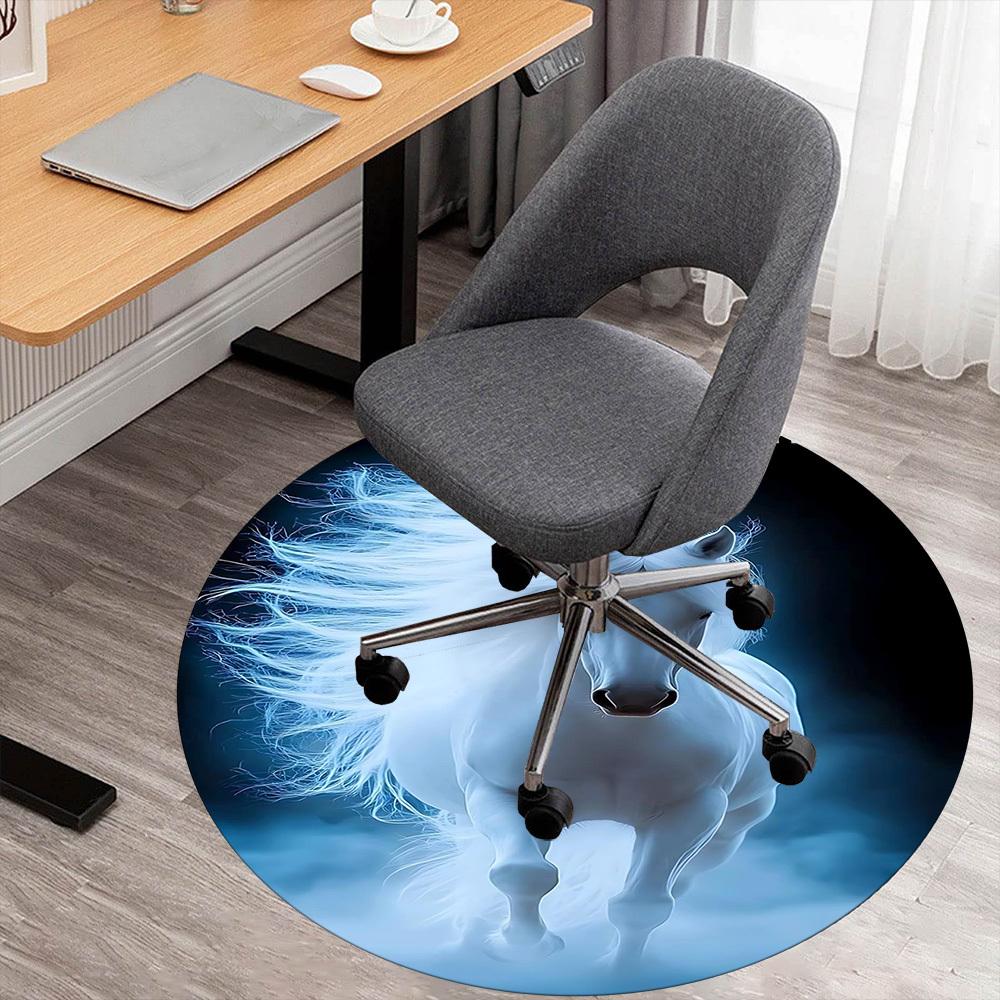 1pc White Horse Fantasy Round Chair mat office Area Rug - Non-Slip, Floor Mat for Office, Bedroom, and Indoor Decor p127004