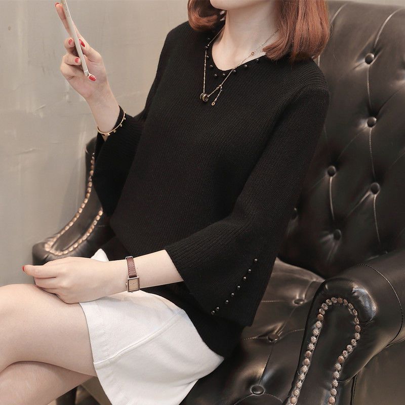 Spring and Autumn Women s Pullover Sweater Loose Nail Bead Sleeve V-neck Casual Base Knit Sweater S