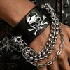 European and American Punk Skull Cross Bone Wide Leather Bracelet Multi-layer Round Bead Thick Chain Fringed Adjustable Bracelet