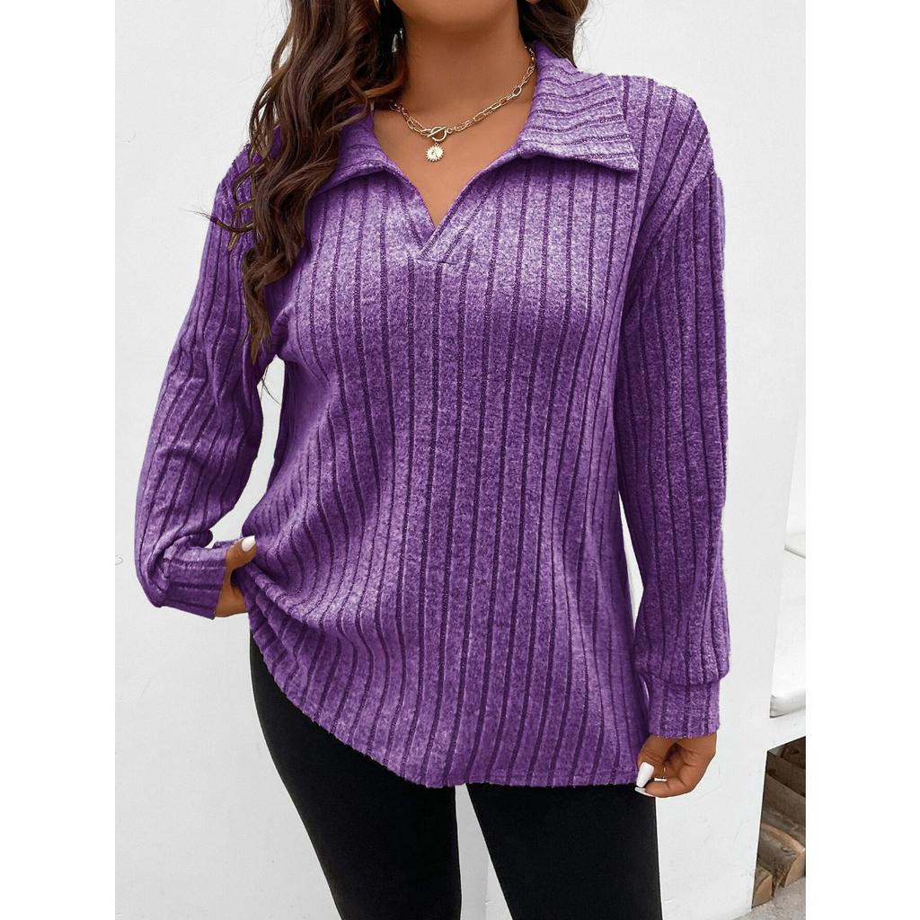 Autumn Winter New Solid Color Plus Size Women's Top V Lapel Long Sleeve Ribbed Brushed T-shirt Loose Casual