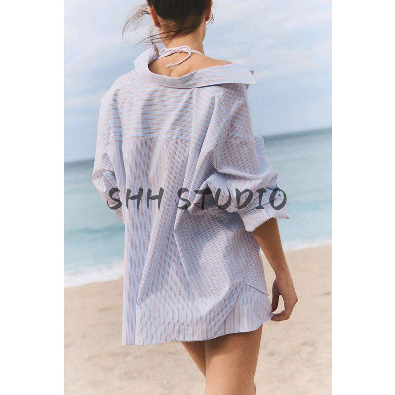 Lapel Long Sleeves Loose Poplin Shirt 2020458 Stripes Vacation Style Mid Waist Casual Culotte 6929410
