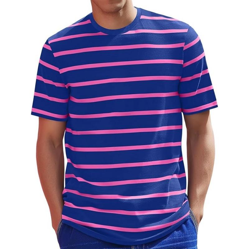 Męska koszulka w paski z krótkim rękawem, koszulki w paski z okrągłym dekoltem, klasyczne stylowe patchworkowe topy, casualowa bluzka do ćwiczeń